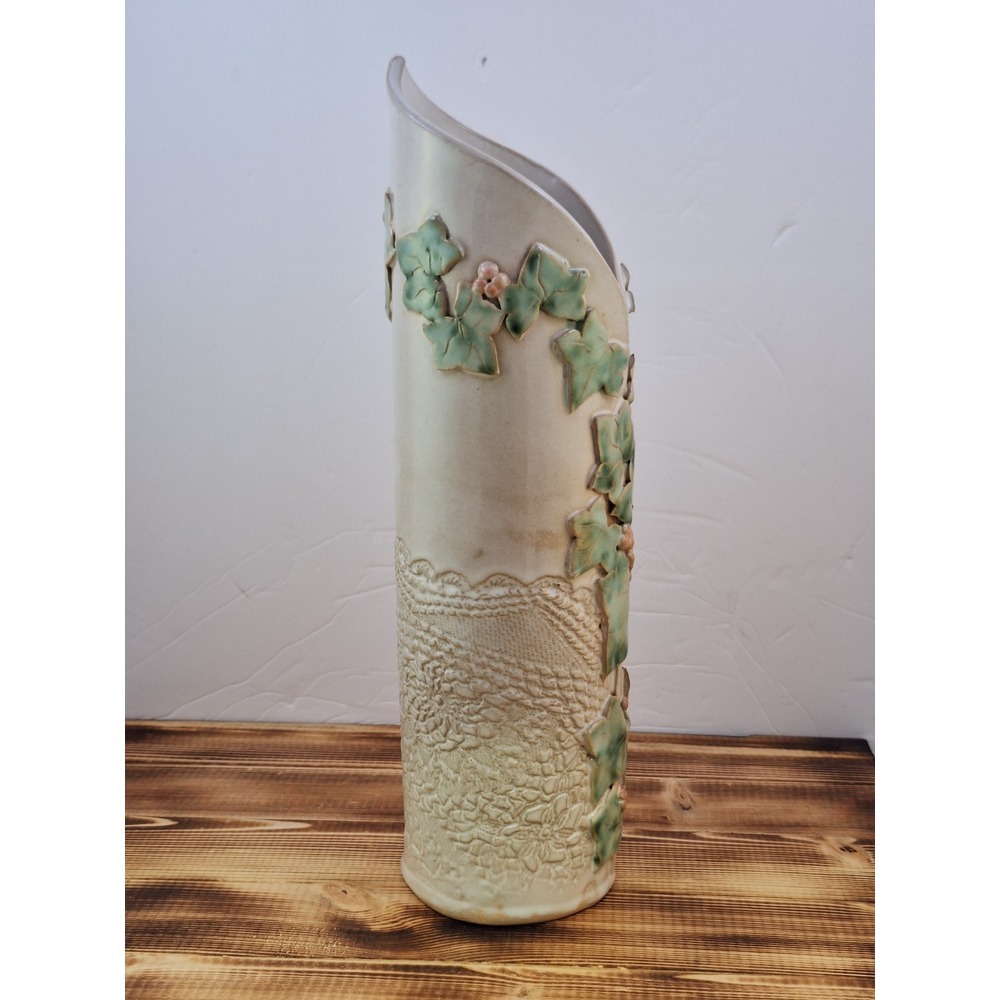 VTG Majolica Pottery Tulip Vase Grapes Grape Leaves 13" x 3.5" Signed Carli - Picture 5 of 10